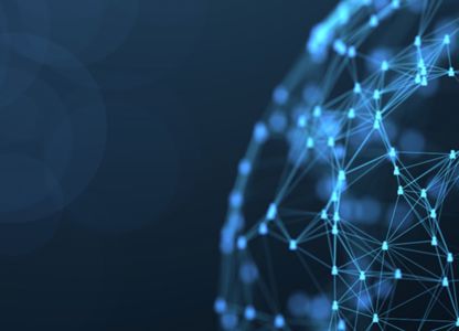 Digital network sphere made of glowing blue connection points and lines on a dark background