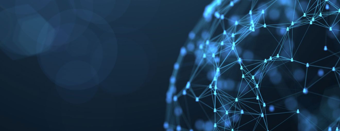 Digital network sphere made of glowing blue connection points and lines on a dark background