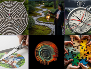 Collage of various themed images including a telescope in space, a circular maze and a  lantern-lit garden path
