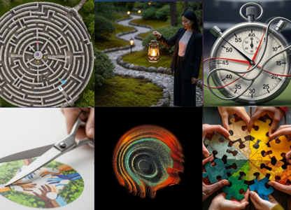 Collage of various themed images including a telescope in space, a circular maze and a  lantern-lit garden path