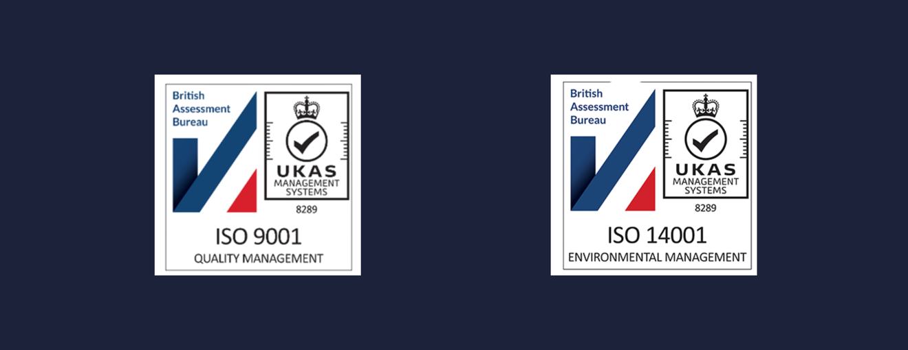 Certification badges for ISO 9001 and ISO 14001 displayed side by side on a dark background.
