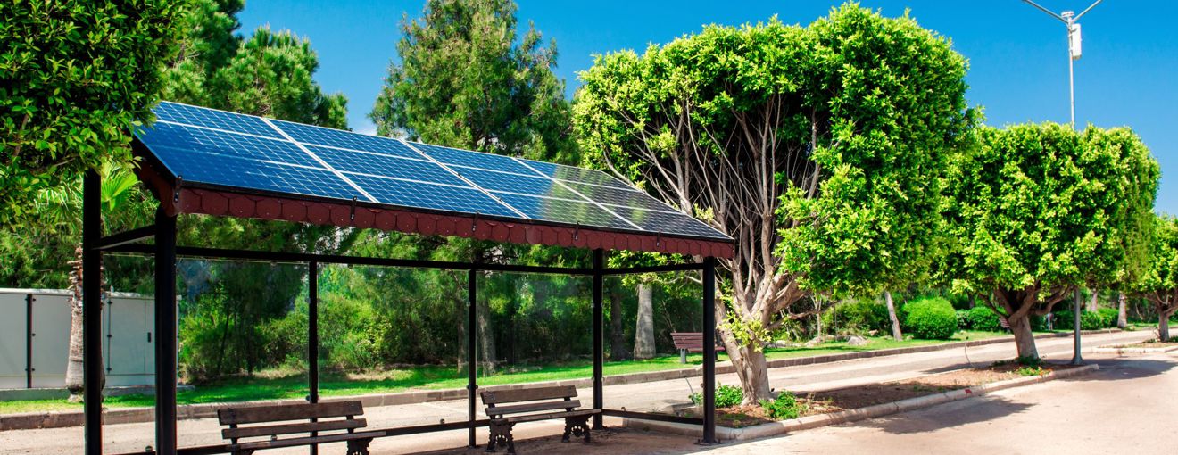 Bus stop shelter fitted with rooftop solar panels, surrounded by trees and greenery on a sunny day