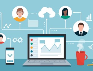 Graphic of a laptop displaying data charts, connected by lines to various profile icons