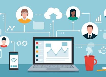 Graphic of a laptop displaying data charts, connected by lines to various profile icons