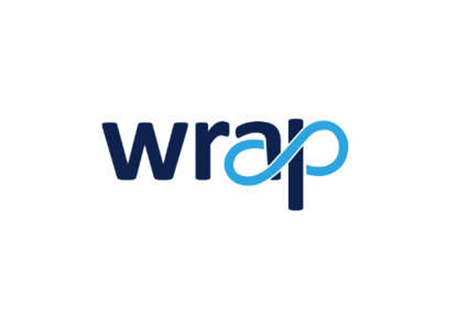 WRAP logo displayed in dark blue and light blue lettering with a looping infinity-style design on a white background