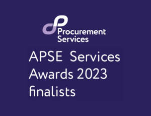 Procurement Services logo above the text ‘APSE Services Awards 2023 finalists’ on a dark purple background