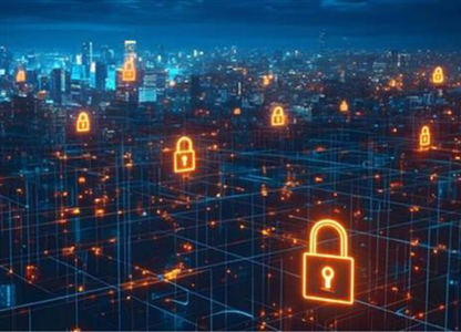 City skyline at night overlaid with glowing digital padlock icons