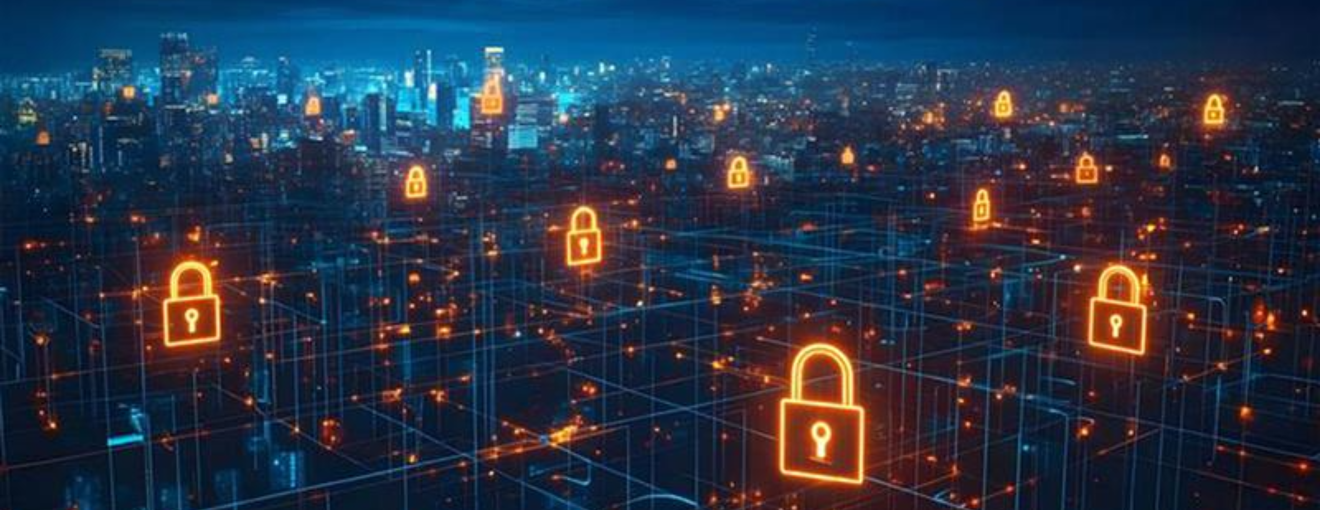 City skyline at night overlaid with glowing digital padlock icons