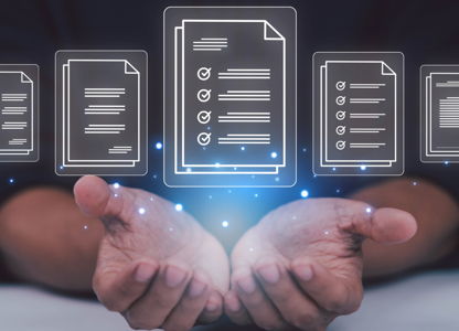 Person holding out their hands beneath floating digital document icons, symbolising electronic records and workflow management