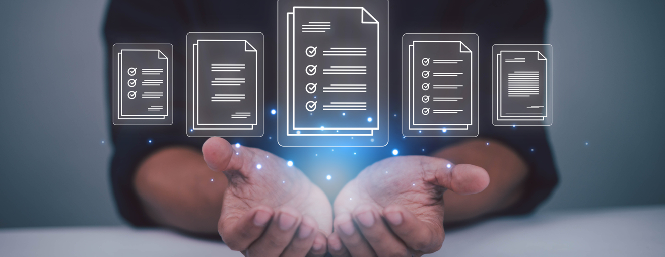 Person holding out their hands beneath floating digital document icons, symbolising electronic records and workflow management