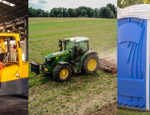 Three‑panel image showing a yellow forklift inside a warehouse, a green tractor working on farmland, and a row of blue portable toilets outdoors
