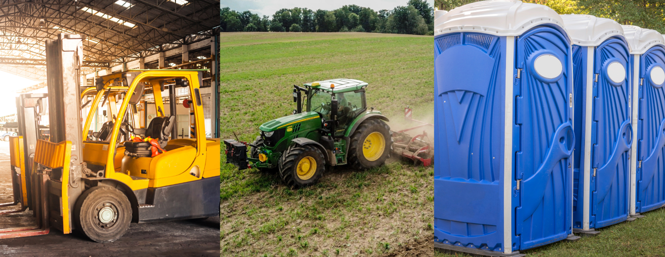 Three‑panel image showing a yellow forklift inside a warehouse, a green tractor working on farmland, and a row of blue portable toilets outdoors